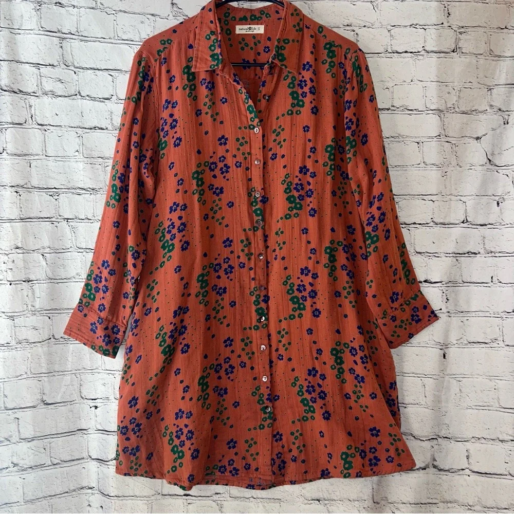 Natural Life Button Down Shirt Dress Cotton Orange with Floral Pattern Small - Picture 2 of 8